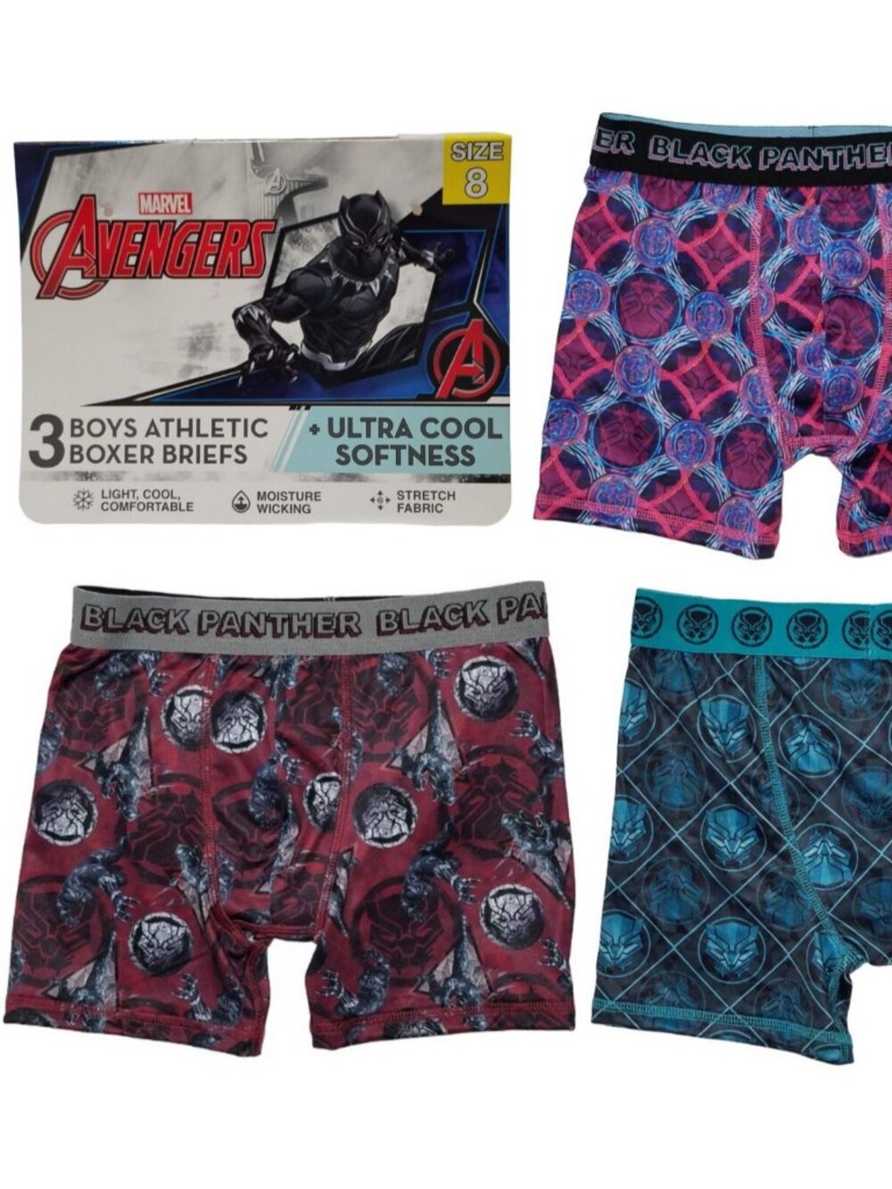 Marvel Avengers Black Panther Boys 3PK Cool Athletic Boxer Briefs Size 8 NWT